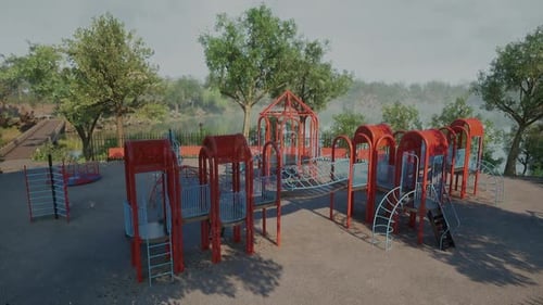 Brightly Colored Playground Equipment in a Peaceful Park Setting By a Lake