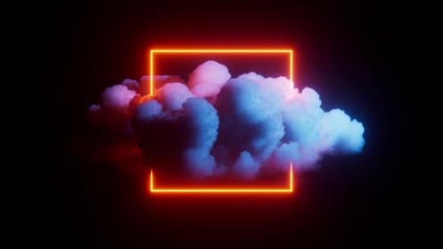 Blue cloud rotates around the red neon square frame, isolated on black background