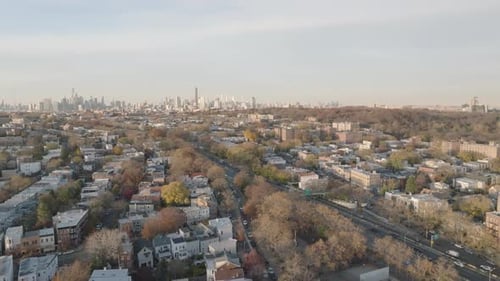 Drone shot of the New York City skyline on an autumn day