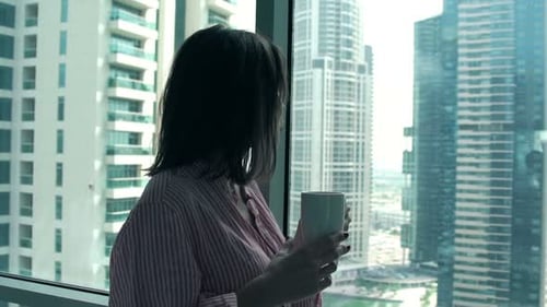 Happy, Pretty Woman Drinking Coffee and Admire View From Window, Super Slow