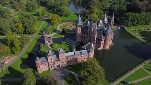 Top view of the largest castle in the Netherlands, De Haar. Quadcopter flight over the castle