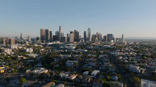 Panoramic View of Financial District with High Rise Office Buildings Against Clear Sky Los Angeles