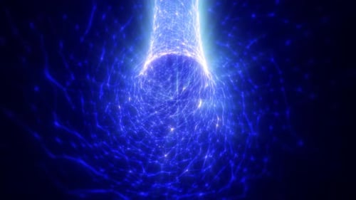 Abstract futuristic tunnel made of blue triangles and dots of particles of shiny hi-tech beautiful