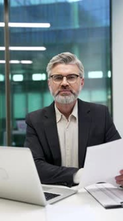 Portrait of mature businessman in formal suit sitting at desk at workplace in business office.