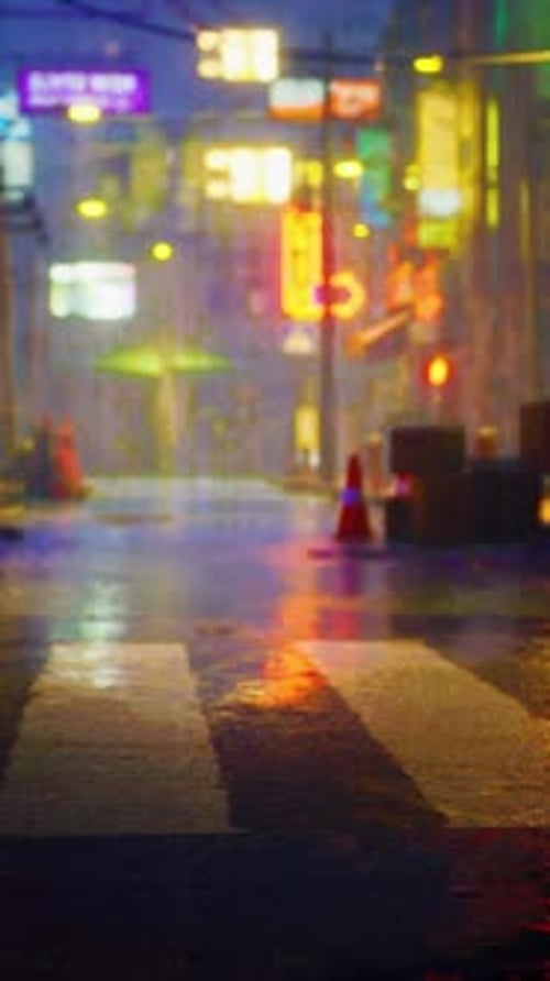 Blurry Small Asian Town Street in Rain