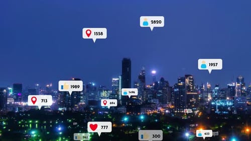 Social Media Icons Fly Over City Downtown Showing People Reciprocity Connection