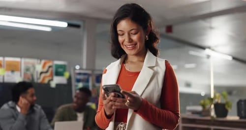 Phone, typing and businesswoman in office with contact, communication or social media on mobile app