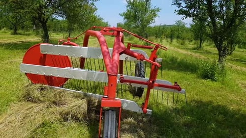 Máquina Hay Tedder trabalhando fazendo feno no campo em um dia ensolarado - close up