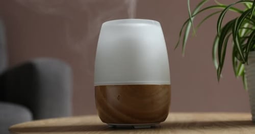 Aroma Diffuser Emits Mist on a Wood Table