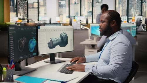 Technician Using CAD Program on PC to Optimize Wind Turbine Design