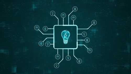Blue digital lamp logo and futuristic HUD technology circuit board with tech icon and data transfer