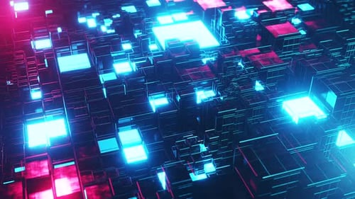 Futuristic Digital Grid Animation with Glowing Cubes and Lines
