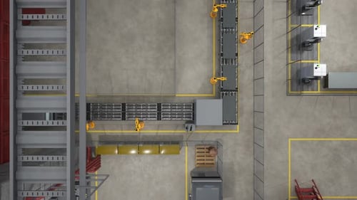 Machinery and Assembly Lines in Warehouse 3D Render Drone Shot