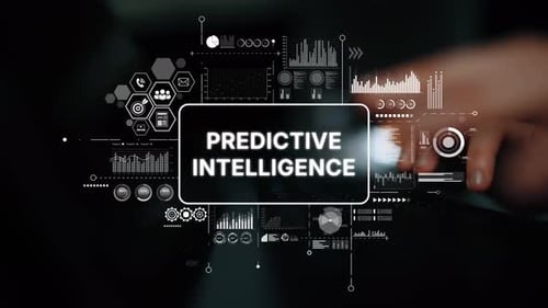 Concepto de análisis de datos con manos y elementos gráficos con tema de inteligencia predictiva. Ash