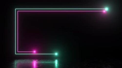 Neon- oder LED-Rechteck, das durch einen Rahmen aus doppeltem Fluoreszenzlicht auf schwarzem Hintergrund entsteht