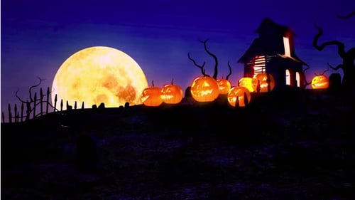 Spooky Halloween night with glowing jack-o'-lanterns and full moon over haunted house