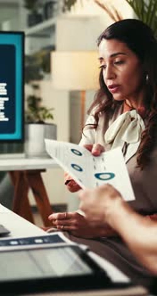 Review, document or woman with discussion in meeting, poor investment decision or performance data