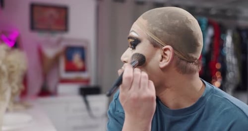 Brush, makeup and backstage with drag performer in studio for contour, lgbt culture and cosmetics