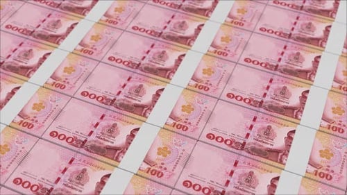 Printing Thai 100 Baht Currency Banknotes Loop Animation