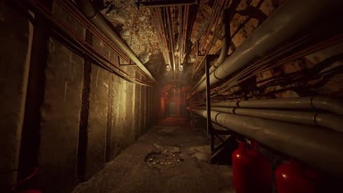 Gritty Industrial Tunnel Pull Back Through Dark Doorway