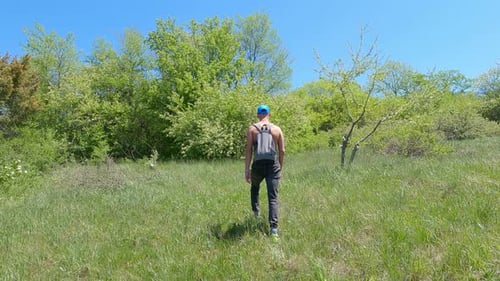 Rear View of Shirtless Man Walking Amidst Grassy Field on Mountain