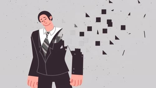 Animated Corporate Figure Dissolving into Abstract Geometric Particles