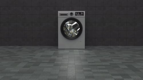 Geldwäsche-Waschmaschine wäscht Banknoten 3D-Animation 4k