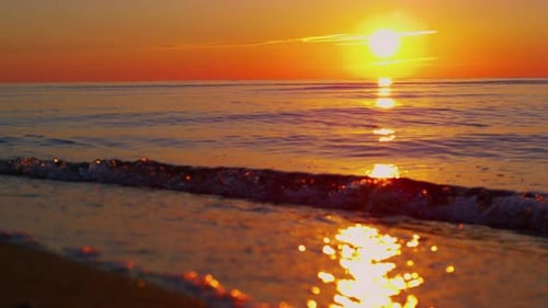 Morning Seascape View with Sun Rising at Sea Horizon at Golden Sunrise