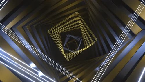 Lighting Blue And Yellow Movement Of Spiral Neons Through Square Tunnel Background Vj Loop In 4K