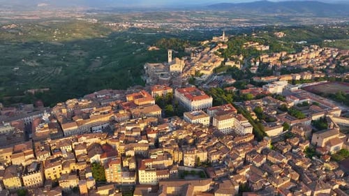 Aerial View of Perugia City Skyline at Sunset Golden Hour Umbria Italy