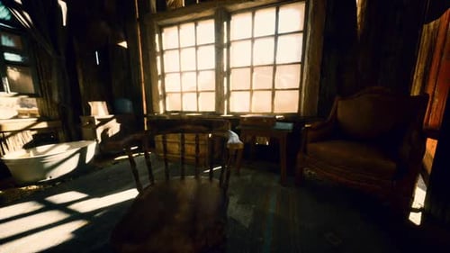 Rustic Cabin Interior with Moving Sunlight and Shadows