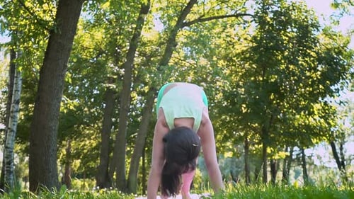 Beautiful Brunette Woman Sportswear Trains Yoga Asana Green Juicy Grass Purple Mat Barefoot Doing