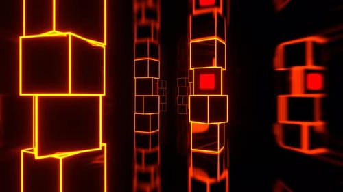 Orange And Red Futuristic Strobe Corridor With Abstract Cube Columns Background Vj Loop In 4K