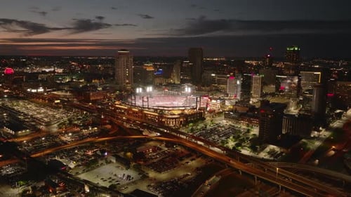 Aerial View of Busch Stadium Home of St Louis Cardinals During a Baseball Game at Night Featuring
