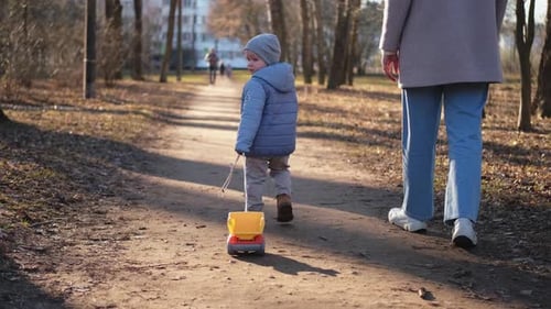 Happy Family Outdoor Back View of Mother and Her Child on Walk in Park Mom Walking Along Road with