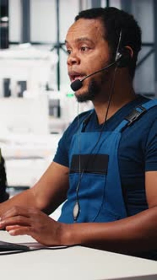 Vertical Video Engineer Provides Technical Support Via Headset in Solar Panel Factory