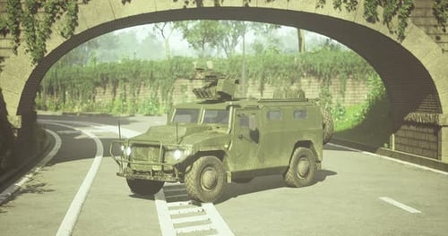 Military Armored Vehicle on Road Under Archway Animation