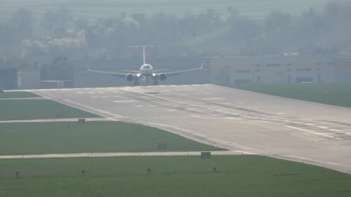 Passagierflugzeug landet anmutig auf der Landebahn eines geschäftigen Flughafens