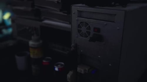 Retro Computer Setup with Tools and Containers in a Dimly Lit Workshop