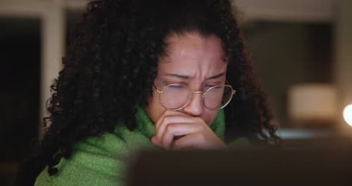 Woman, sick and studying on laptop at night for research, essay and assignment deadline at home