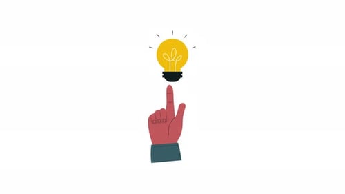 Animated Flat Design Hand Points to a Glowing Idea Lightbulb