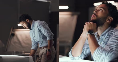 Architect, collage and man with stress for blueprint design, challenge and creative block in office
