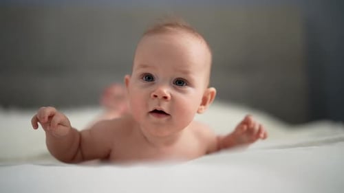 Adorable Infant Lying on Stomach Indoors