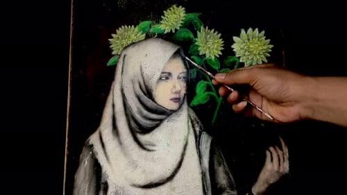 Artist Painting Beautiful Portrait with Flowers