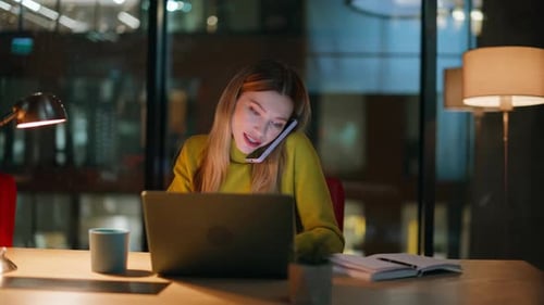 Smiling Lady Calling Night Office Looking Laptop Screen Closeup Woman Working