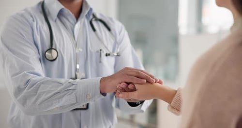 Doctor, patient and hands with people, support or advice for wellness or medical service in hospital