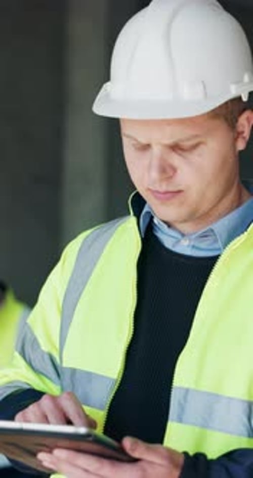Construction, scroll and man on tablet in building for planning, research and online blueprints