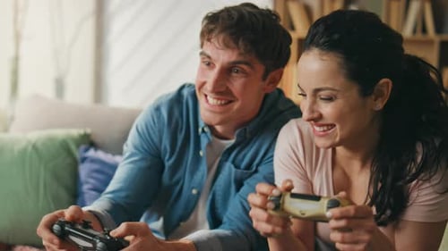 Smiling Players Enjoy Video Games Sitting Couch Close Up Couple Playing Online