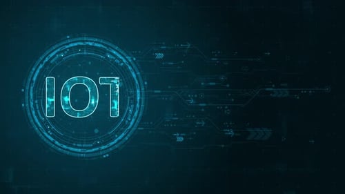 Blue digital IOT letter and circle futuristic HUD elements with flowing arrows