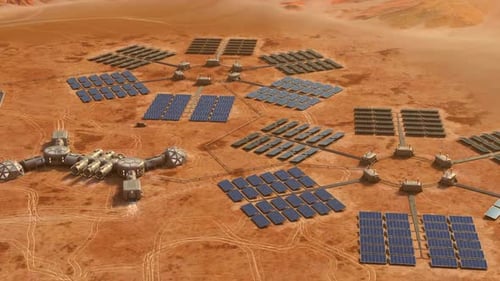 Voando ao redor de uma pequena base marciana equipada com dois robôs, visão diurna